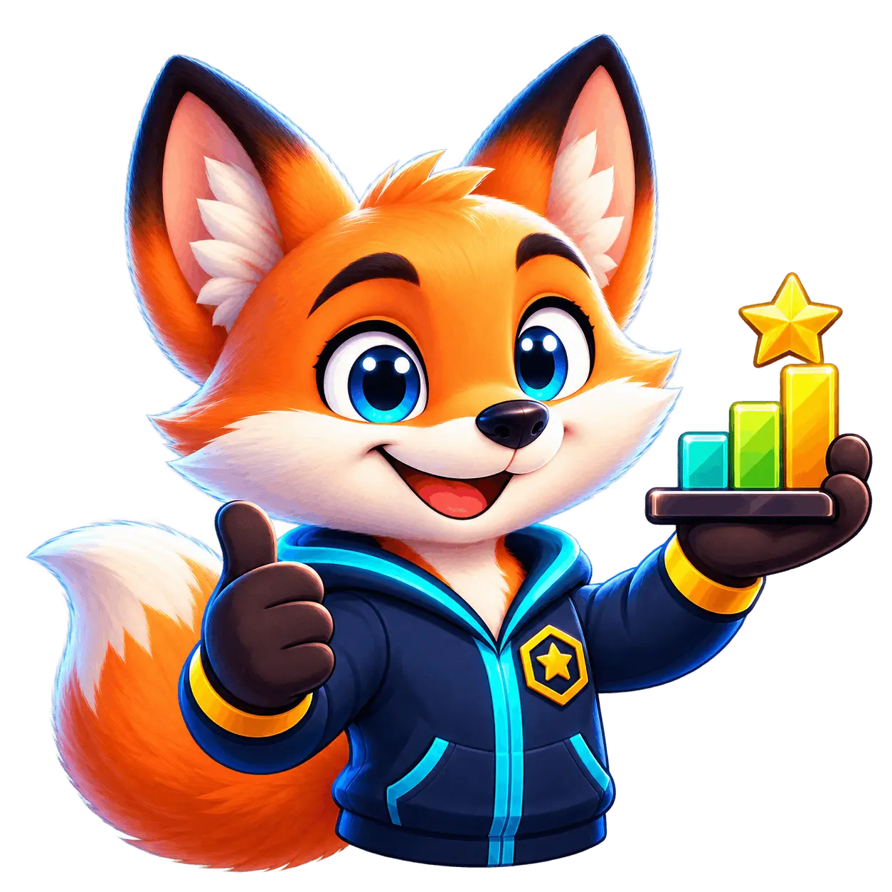 The t7dy fox waving while holding a blue ball with a question mark on it