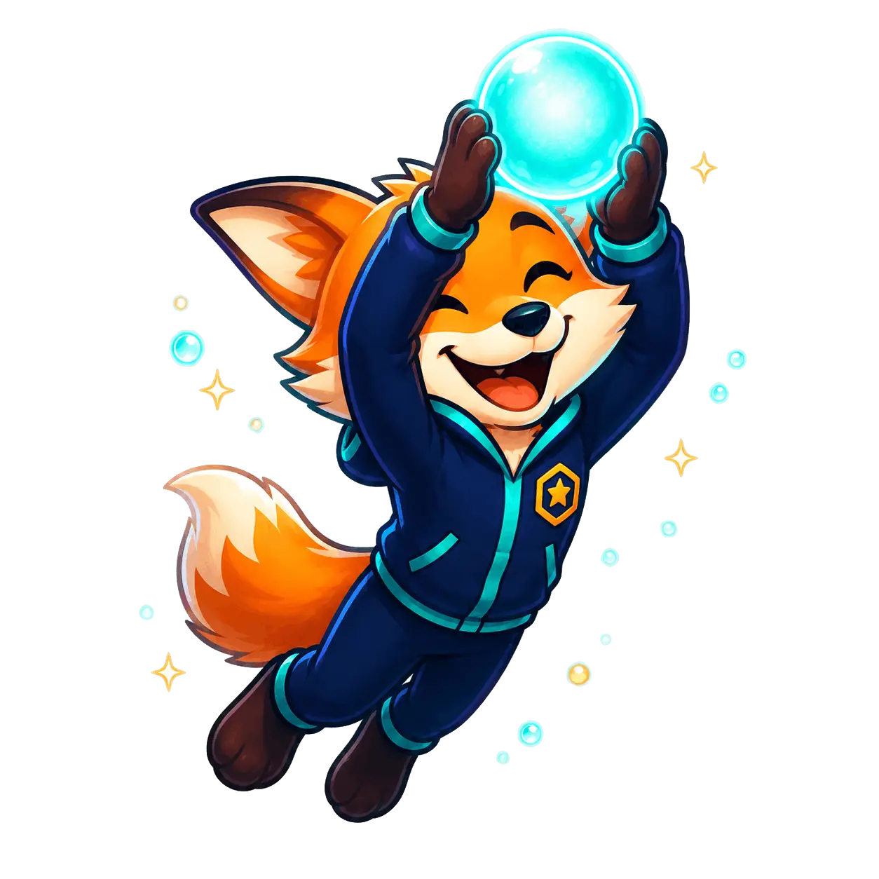 The t7dy fox jumping with joy while holding a glowing orb
