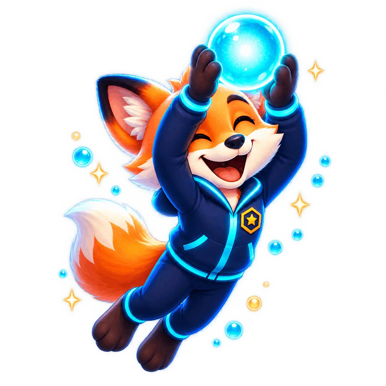 The t7dy fox jumping with joy while holding a glowing orb