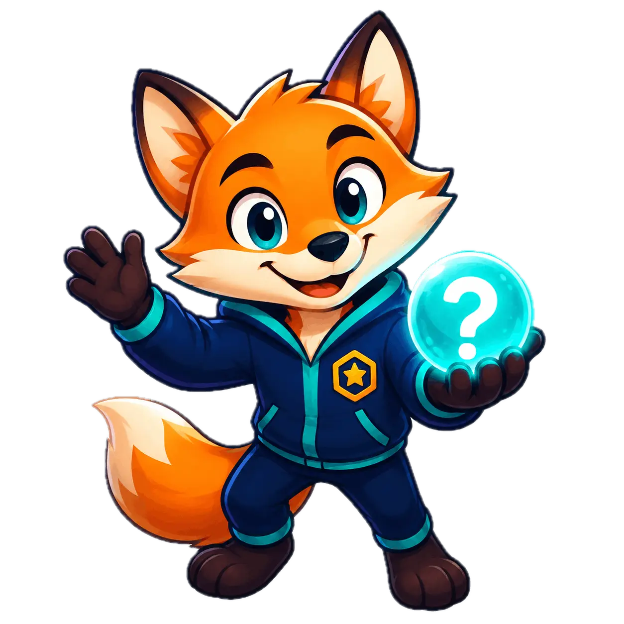 The t7dy fox waving while holding a blue ball with a question mark on it